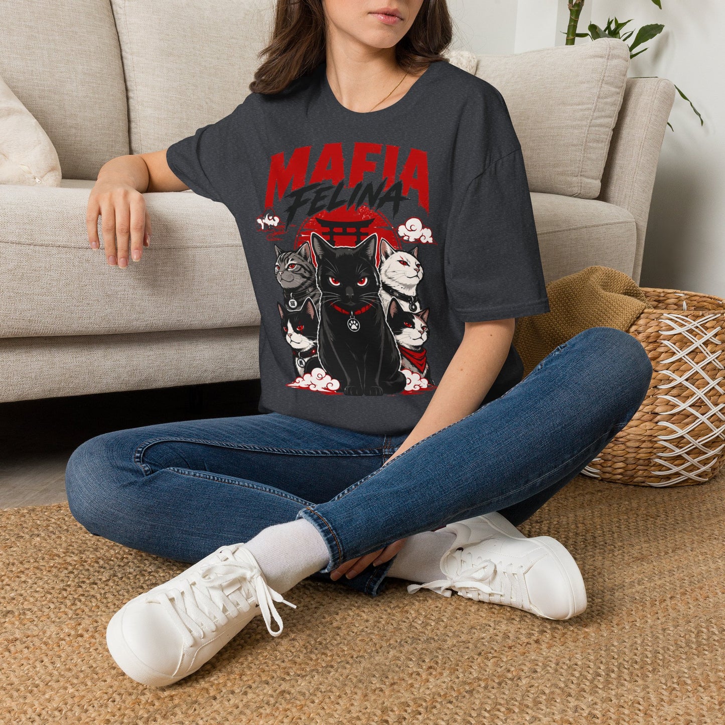Copy of Mafia Felina cat illustration T-Shirt | Japanese torii, black & white cats