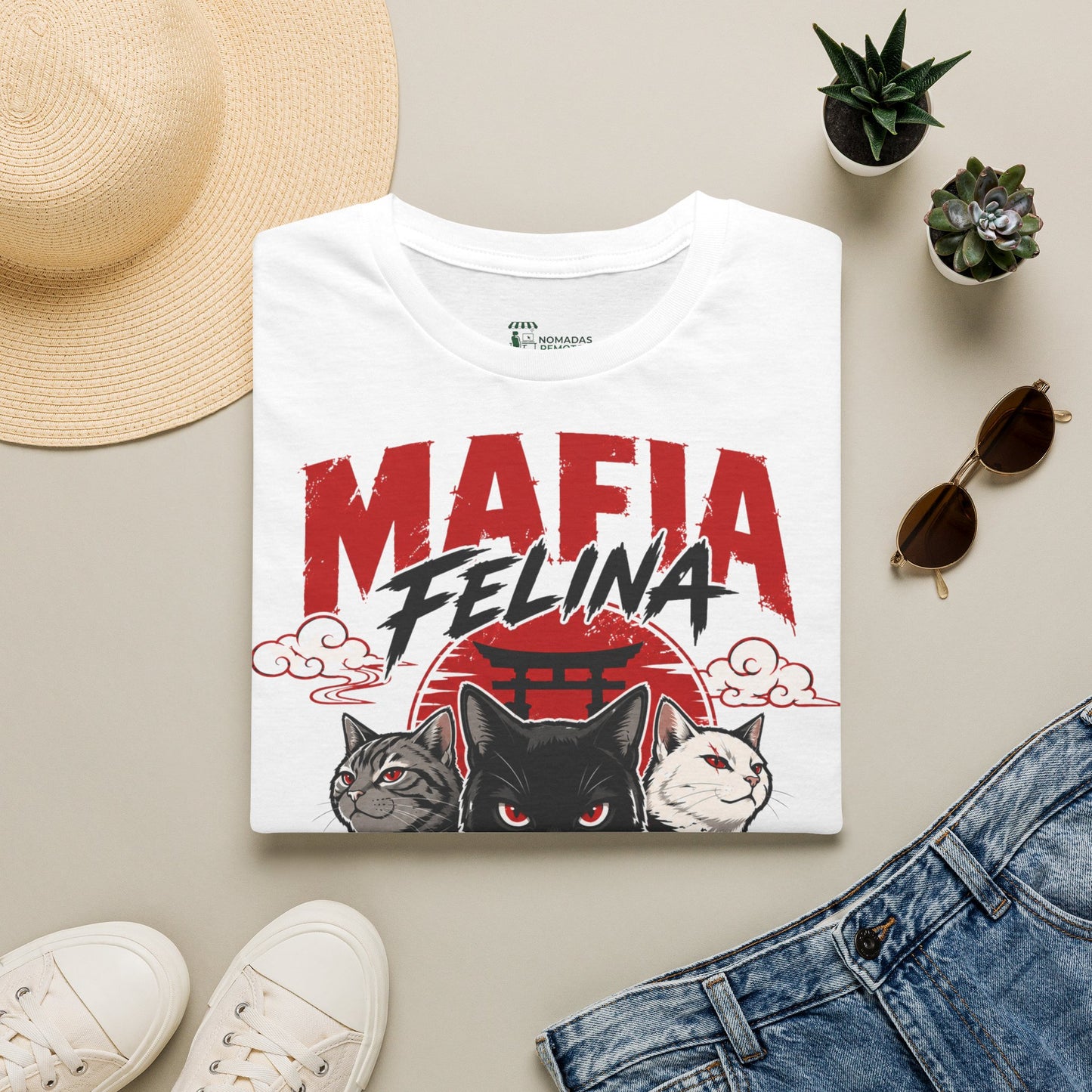 Copy of Mafia Felina cat illustration T-Shirt | Japanese torii, black & white cats