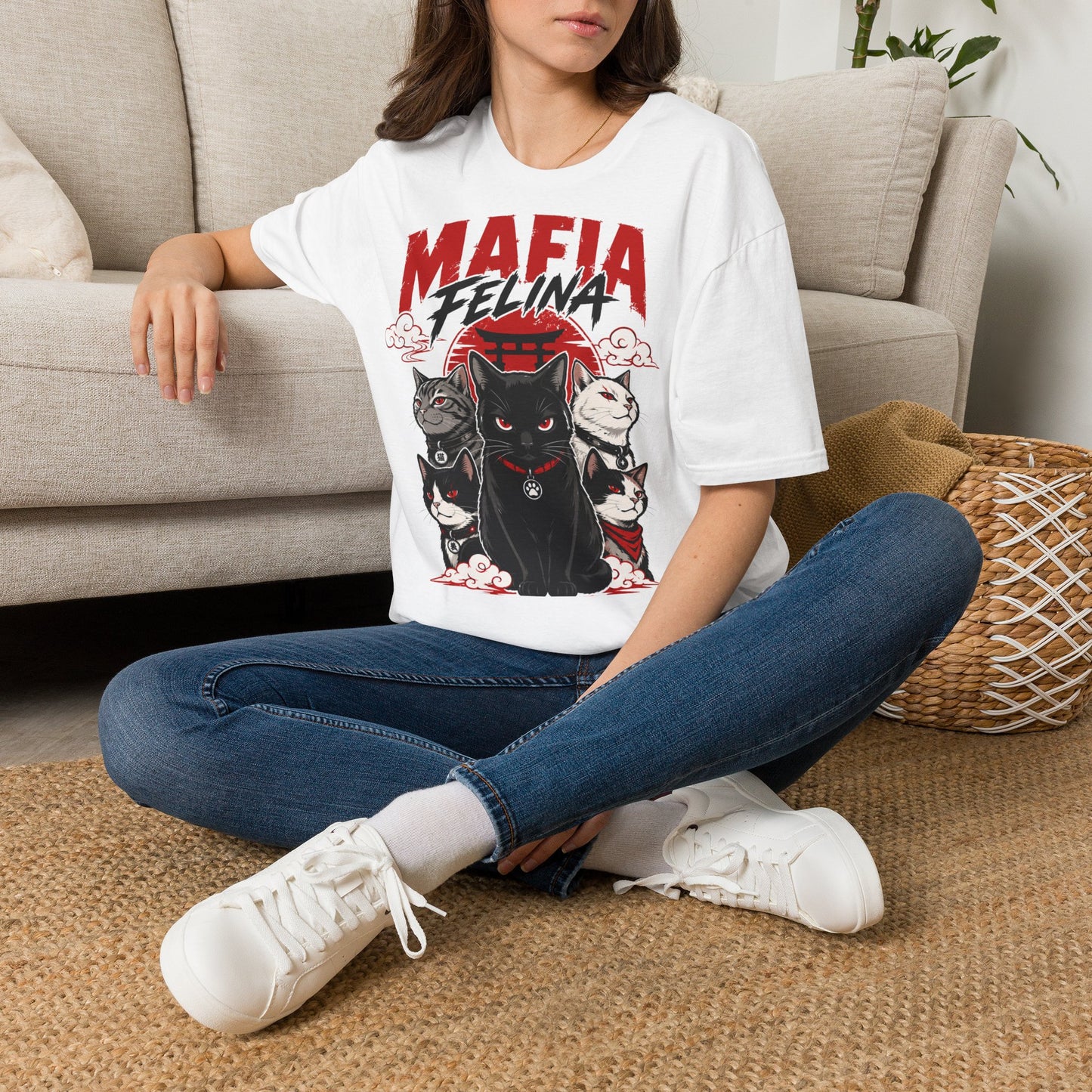 Copy of Mafia Felina cat illustration T-Shirt | Japanese torii, black & white cats